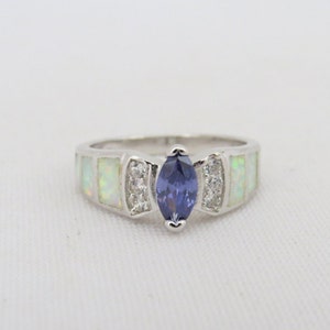 Vintage Sterling Silver Marquise cut Tanzanite, White Topaz & Inlay White Opal Ring Size 8