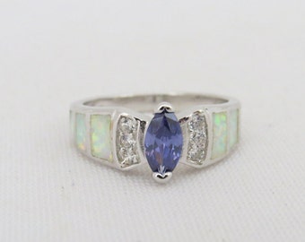 Vintage Sterling Silver Marquise cut Tanzanite, White Topaz & Inlay White Opal Ring Size 8
