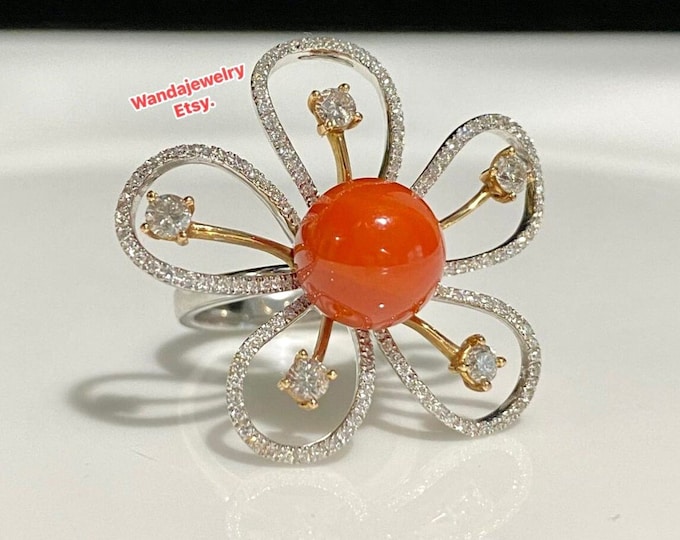 Vintage 18K 750 Solid White, Yellow Gold 6.25ct Natural Red Coral & Diamond Flower Ring Size 6.