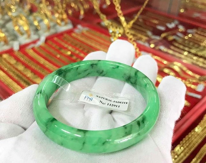 Vintage Translucent Natural Floral Green Jadeite Jade Bangle Bracelet 57.3MM