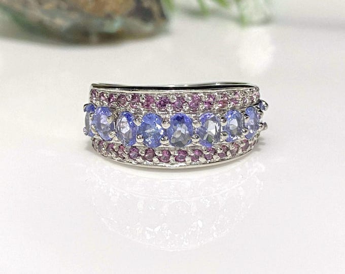 Vintage Sterling Silver Natural Tanzanite & Rhodolite Band Ring Size 7 3/4