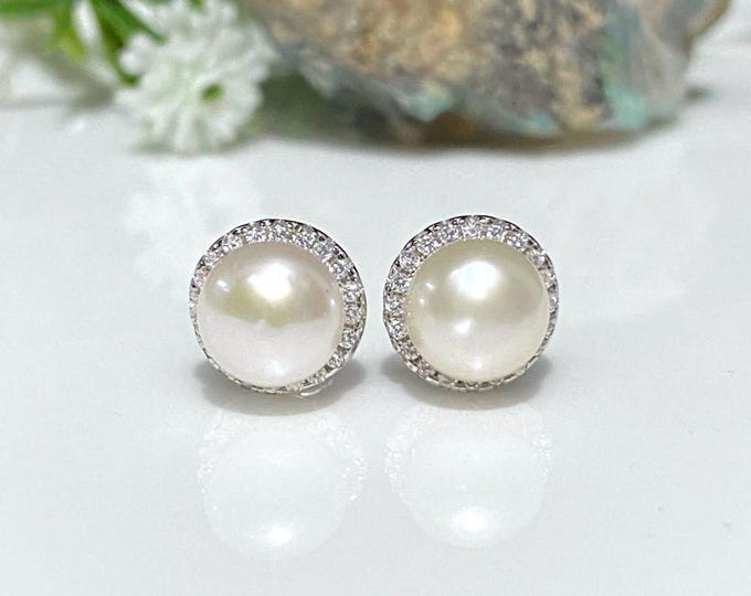 Vintage Sterling Silver Freshwater Pearl & White Topaz Earrings