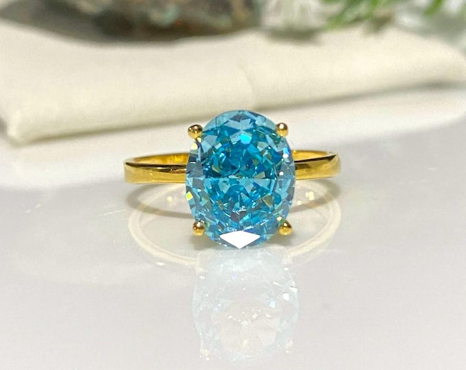 Vintage 15K 610 Solid Gold Oval Blue Tourmaline Solitaire Ring Size 6