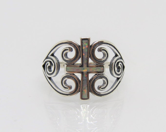 Vintage Sterling Silver White Opal Cross Filigree Ring Size 7