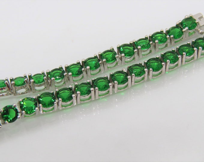 Vintage Sterling Silver Round cut Green Emerald Link Bracelet 7 1/2''
