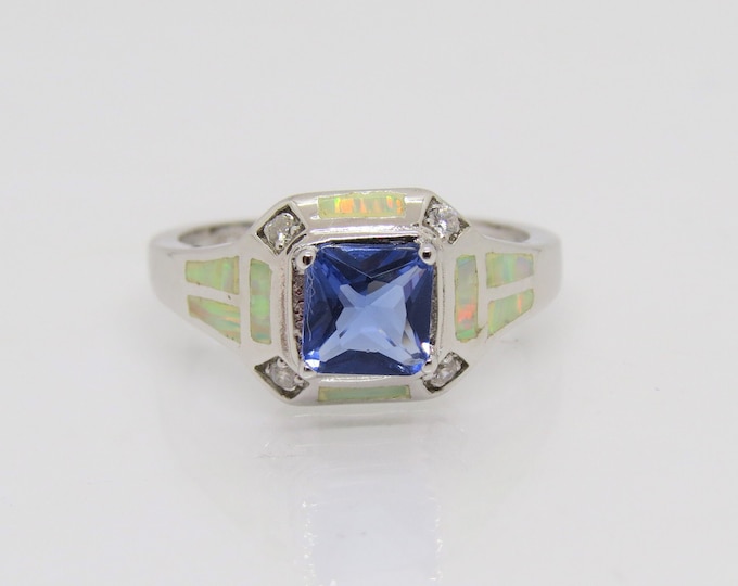 Sterling Silver Tanzanite, White Topaz & Fire Opal Ring Size 9