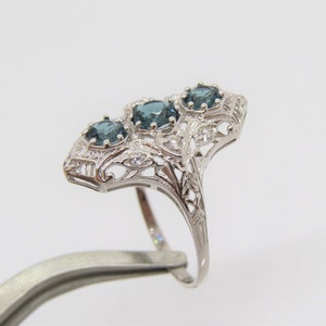 Vintage Sterling Silver London Blue Topaz Three Stone Filigree Ring Size 9
