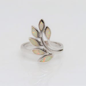 Vintage Sterling Silver White Fire Opal Leaves Long Ring Size 8