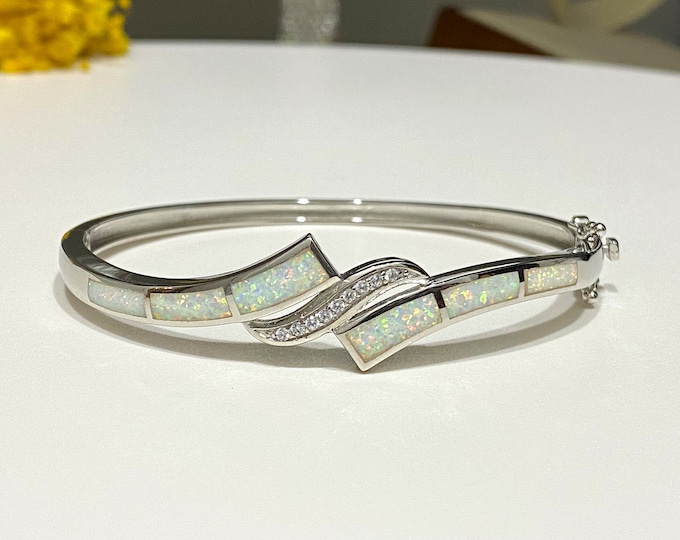 Sterling Silver White Opal & White Topaz Oval Bangle Bracelet 7 1/2''