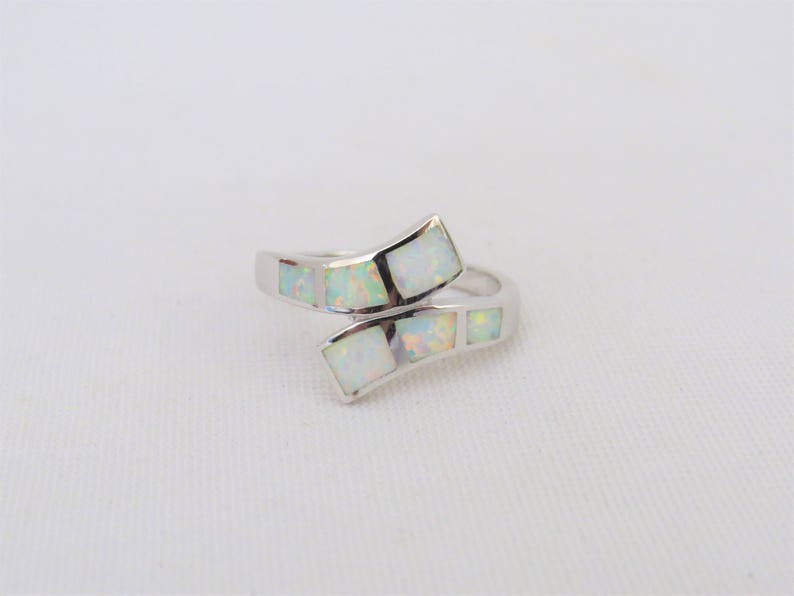 Vintage Sterling Silver White Opal Bypass Band Ring Size 7