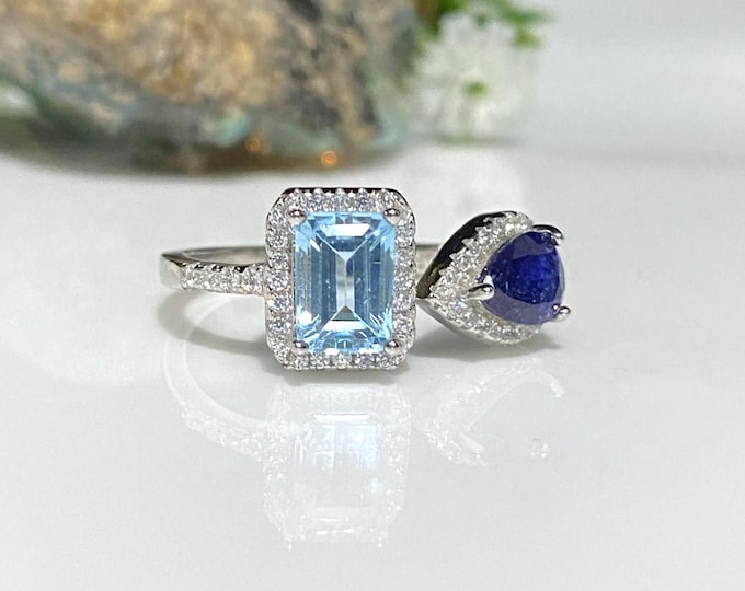 Vintage Sterling Silver Natural Aquamarine, Blue Saphire & White Topaz Ring Size 7.5