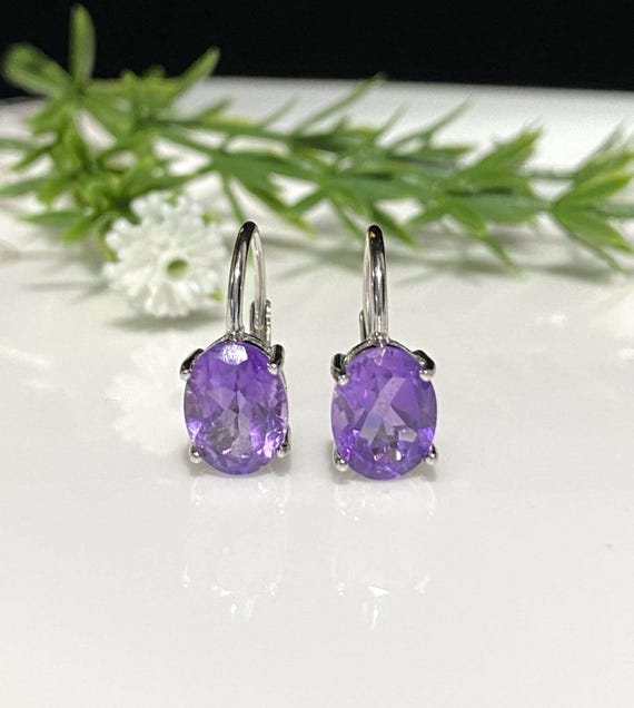 Vintage Sterling Silver Natural Oval cut Amethyst Earrings.