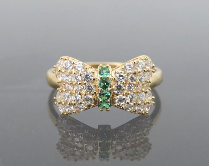 Vintage 18K Solid Yellow Gold Emerald & White Topaz Bow Ring Size 5.75