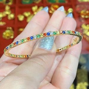 Vintage 18K Yellow Gold Multi Color Mixed Gemstones Bangle Bracelet 50MM