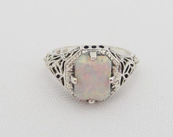 Vintage Sterling Silver White Opal Filigree Ring Size 6