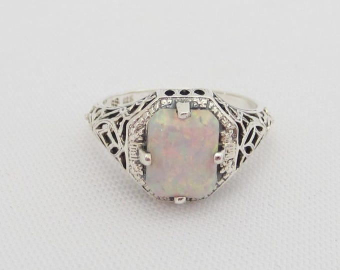 Vintage Sterling Silver White Opal Filigree Ring Size 6