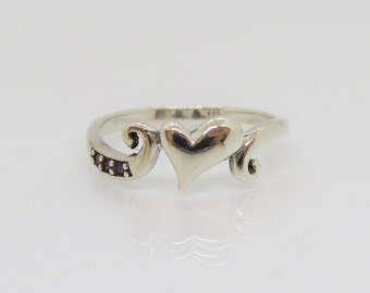 Vintage Sterling Silver Garnet Heart Ring Size 7