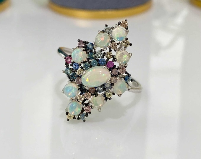 Vintage Sterling Silver Natural Fire Opal & Multi color Sapphire Ring Size 9