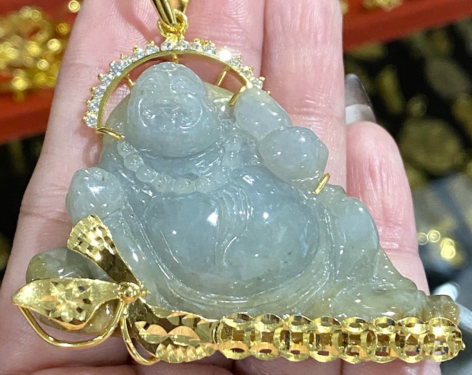 Vintage 18K Solid Gold Translucent Yellow, Green Jadeite Jade & White Topaz Carved Laughing Buddha Pendant