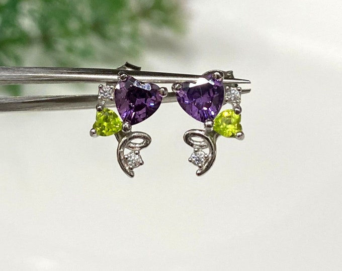 Vintage Sterling Silver Heart cut Amethyst, Peridot & White Topaz Earrings.