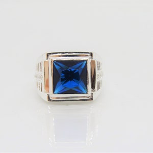 Vintage Sterling Silver Blue Sapphire & White Topaz Men&#39;s Ring Size 8.5