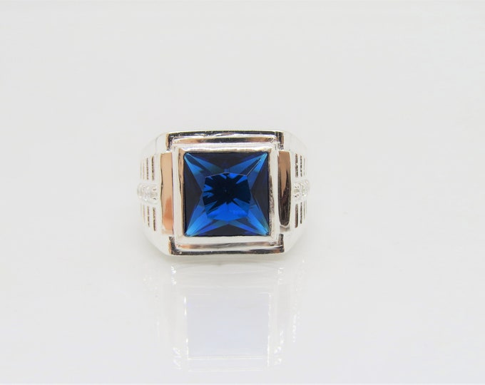 Vintage Sterling Silver Blue Sapphire & White Topaz Men's Ring Size 8.5