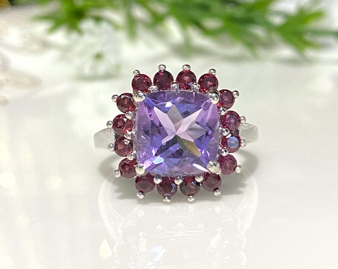 Vintage Sterling Silver Natural Amethyst & Rhodolite Ring Size 7