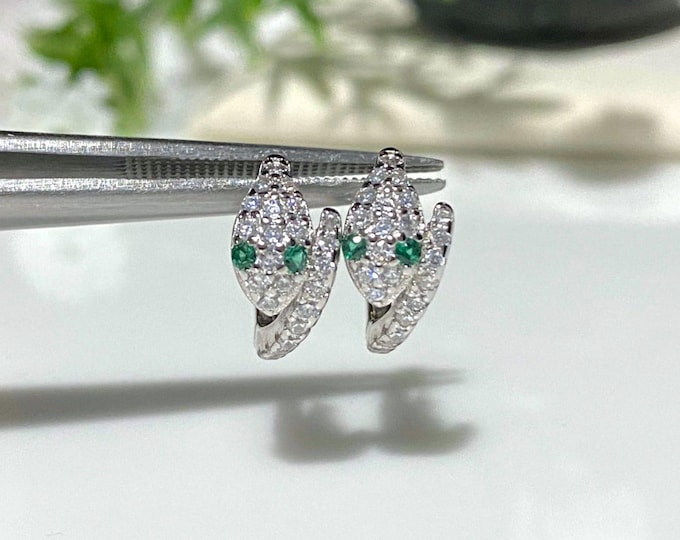 Vintage Sterling Silver White Topaz Emerald Snake's Eye Hoop Earrings.