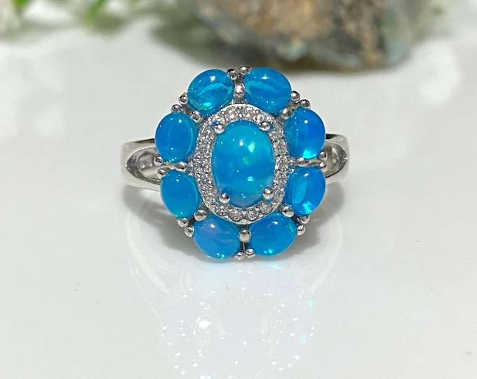 Vintage Sterling Silver Natural Blue Opal & White Topaz Ring Size 8