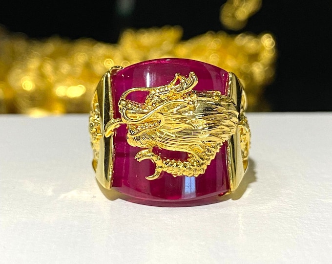 Vintage 15K Yellow Gold Ruby Cabochon Dragon Men's Ring Size 9