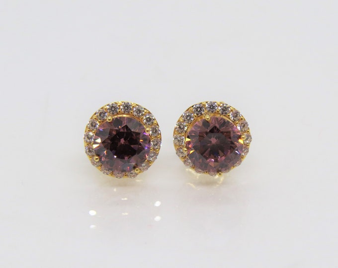 Vintage 18K Solid Yellow Gold 1.22ct Tourmaline & White Topaz Halo Earrings
