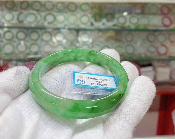 Vintage Translucent Natural Green, Black Jadeite Jade Bangle Bracelet 57.7MM