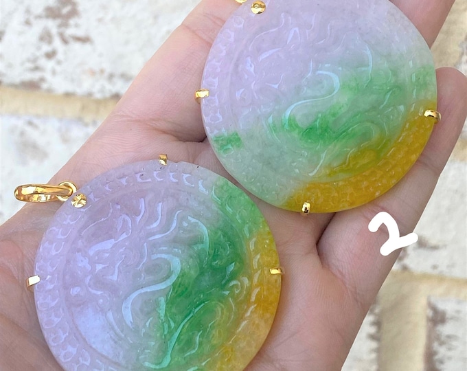 Vintage 18K Solid Gold Carved Dragon Purple, Green & yellow Jadeite Jade Pendant