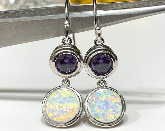 Vintage Sterling Silver White Opal & Amethyst Dangle Earrings.