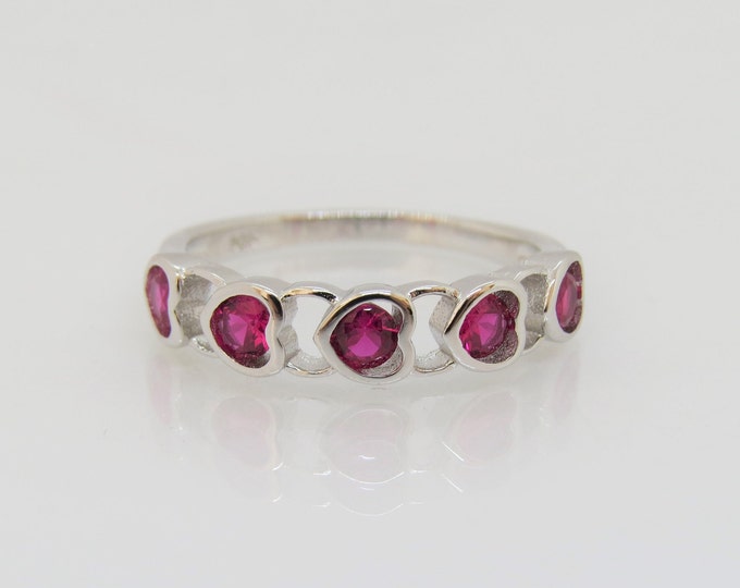 Sterling Silver Ruby Hearts Band Ring Size 8