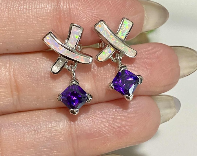 Vintage Sterling Silver Amethyst & White Opal Dangle Earrings.