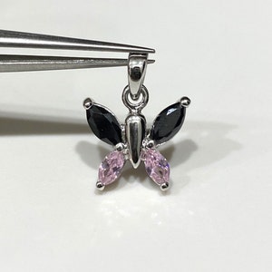 Sterling Silver Black & Pink Sapphire Butterfly Pendant.