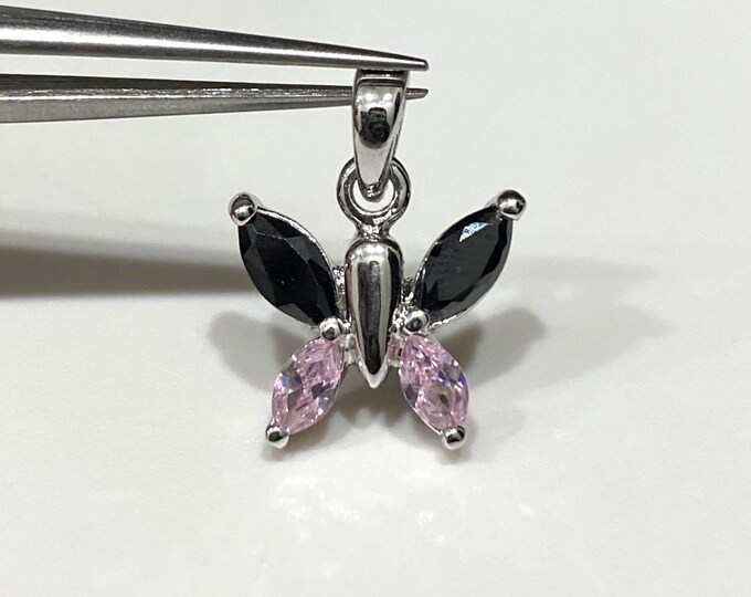Sterling Silver Black & Pink Sapphire Butterfly Pendant.