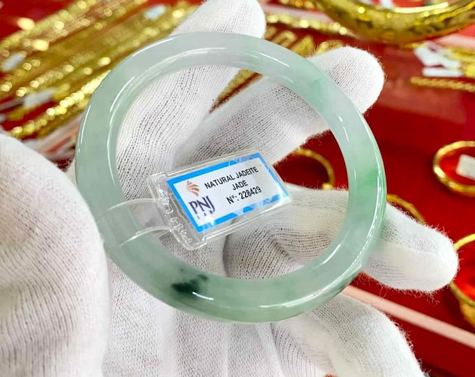 Vintage Translucent Natural Green, White Jadeite Jade Bangle Bracelet 55.1MM