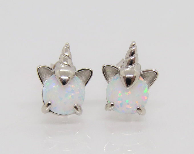 Vintage Sterling Silver White Opal Unicorn Stud Earrings