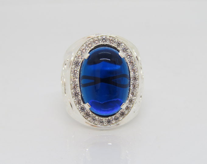 Vintage Sterling Silver Blue Sapphire & White Topaz Men's Ring Size 10.75
