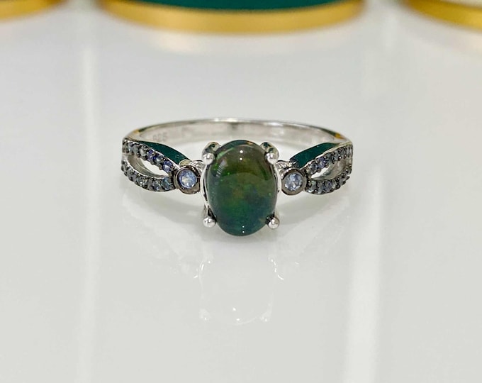 Vintage Sterling Silver Natural Black Opal & Sapphire Ring Size 7