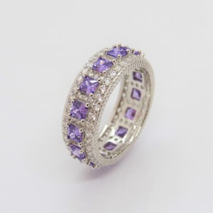 Vintage Sterling Silver Princess cut Amethyst & White Topaz Ring Size 11
