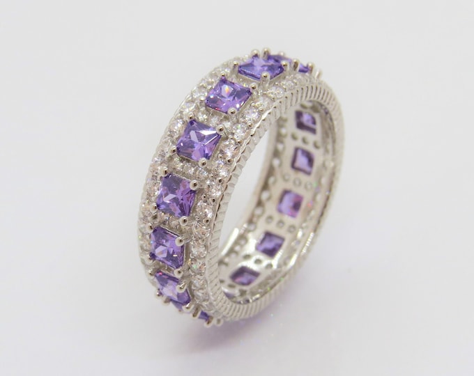 Vintage Sterling Silver Princess cut Amethyst & White Topaz Ring Size 11