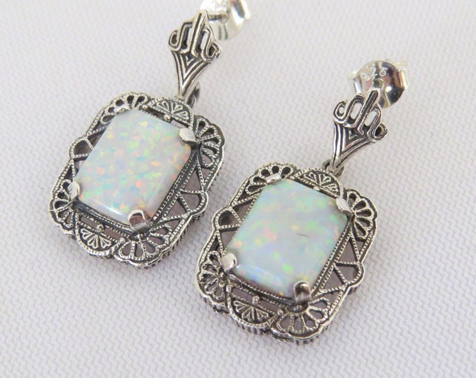 Vintage Sterling Silver White Opal Filigree Earrings