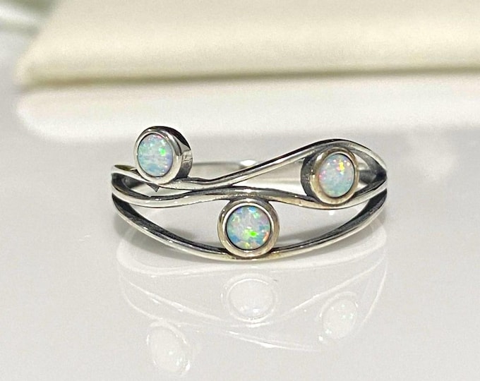 Sterling Silver White Opals Ring.