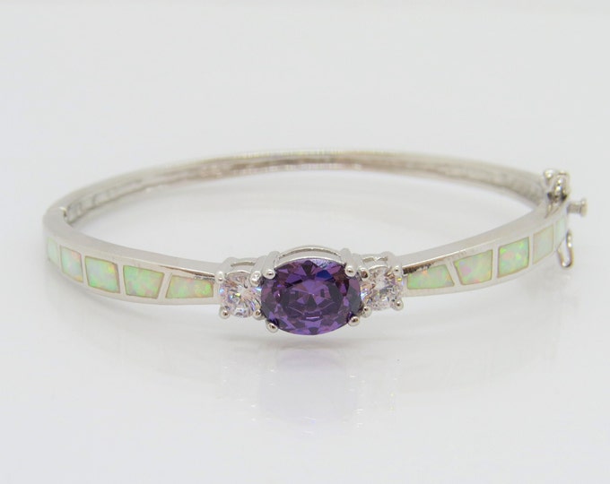 Sterling Silver Amethyst & White Topaz, Fire Opal Bracelet 7''