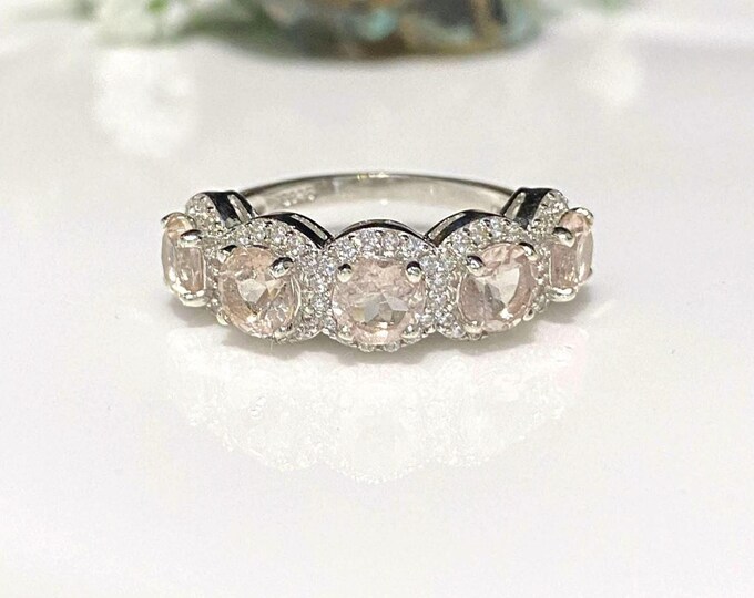 Vintage Sterling Silver Natural Morganite & White Topaz Ring Size 7