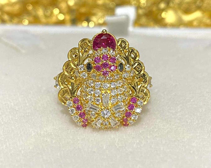 Vintage 15K Gold Frog Ring: Ruby, Topaz & Sapphire Eyes - Size 7.5.