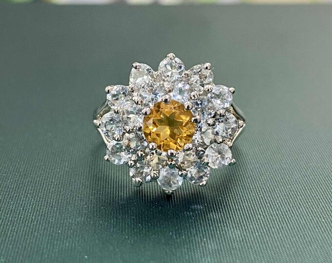 Vintage Sterling Silver Natural Aquamarine & Citrine Ring Size 8